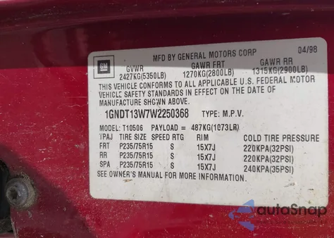 1998 Chevrolet Blazer из США, поврежденный, VIN 1GNDT1W7W2250368